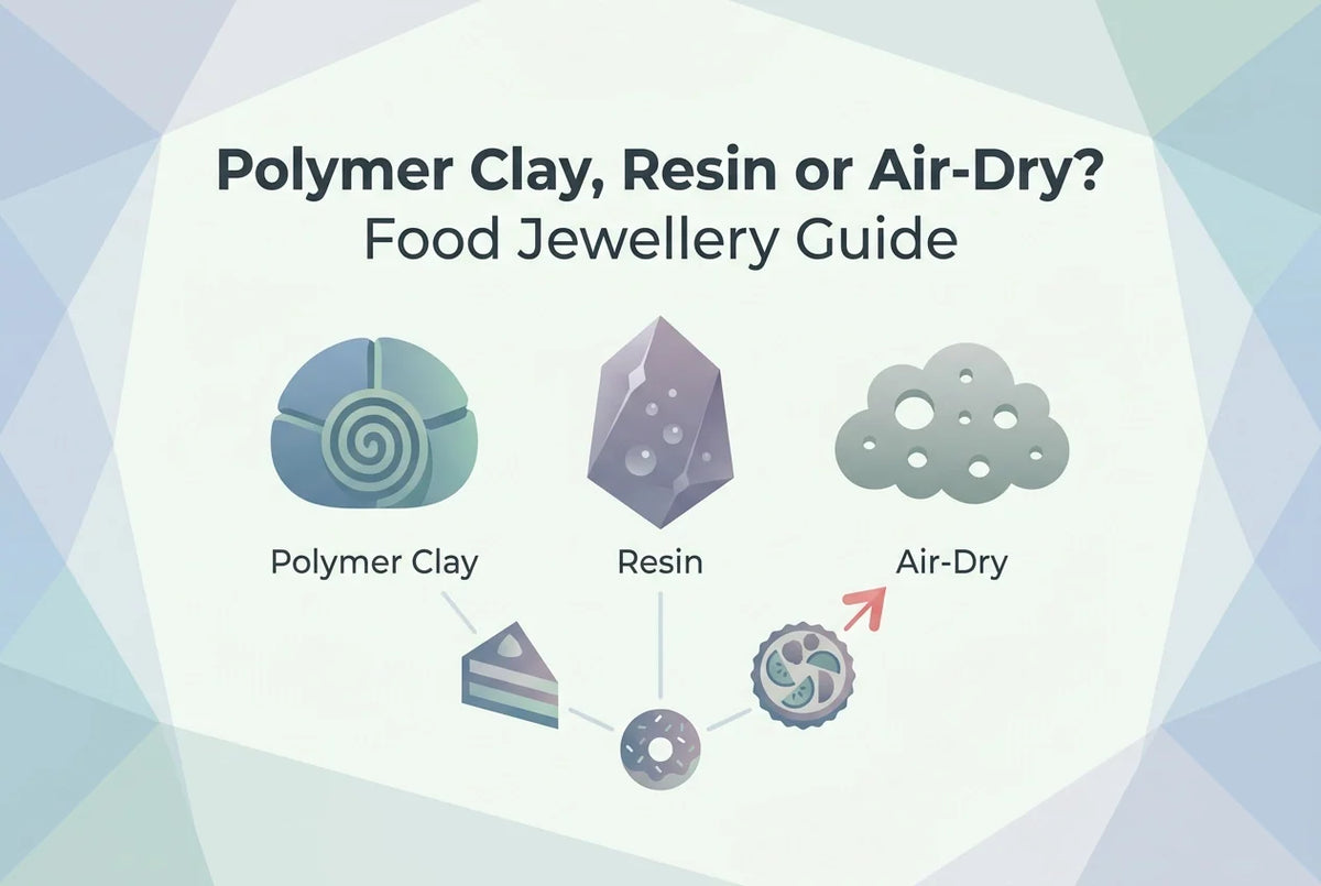Professional header image for comparison analysis: Polymer Clay, Resin or Air-Dry? Food Jewellery Guide