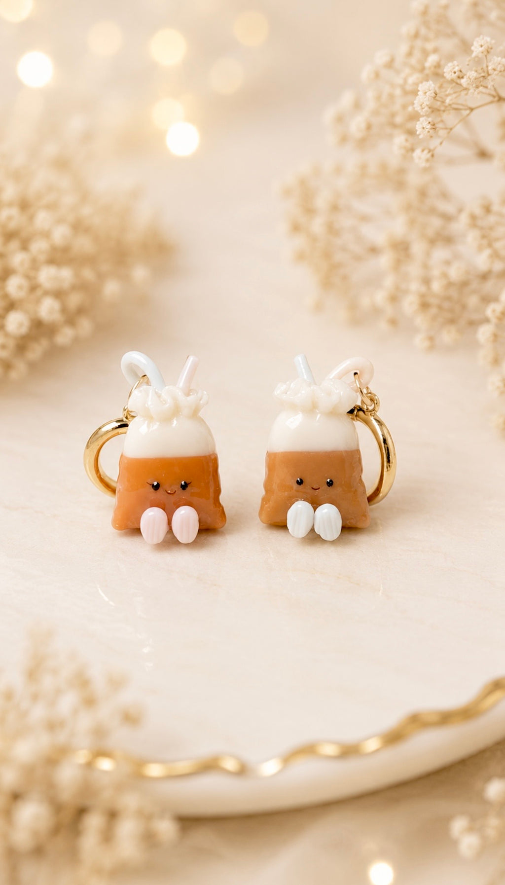 Kopi Teh Dabao Bags on Gold Ear Hoops, in Pastels