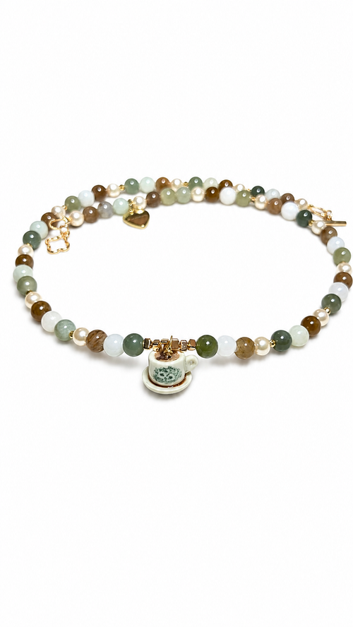 Hand-Beaded Jade and Swarovski Pearl Kopi Cup Necklace (customised for Carmen)