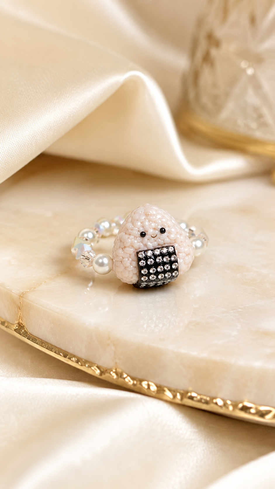 Pink Onigiri Beaded Ring with Moissanite Sparkles