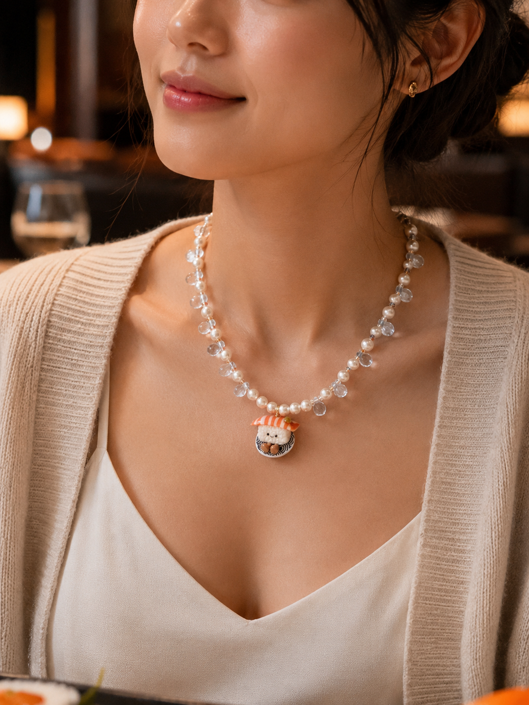 Mister Salmon Sushi Pearl and Water Droplets Necklace
