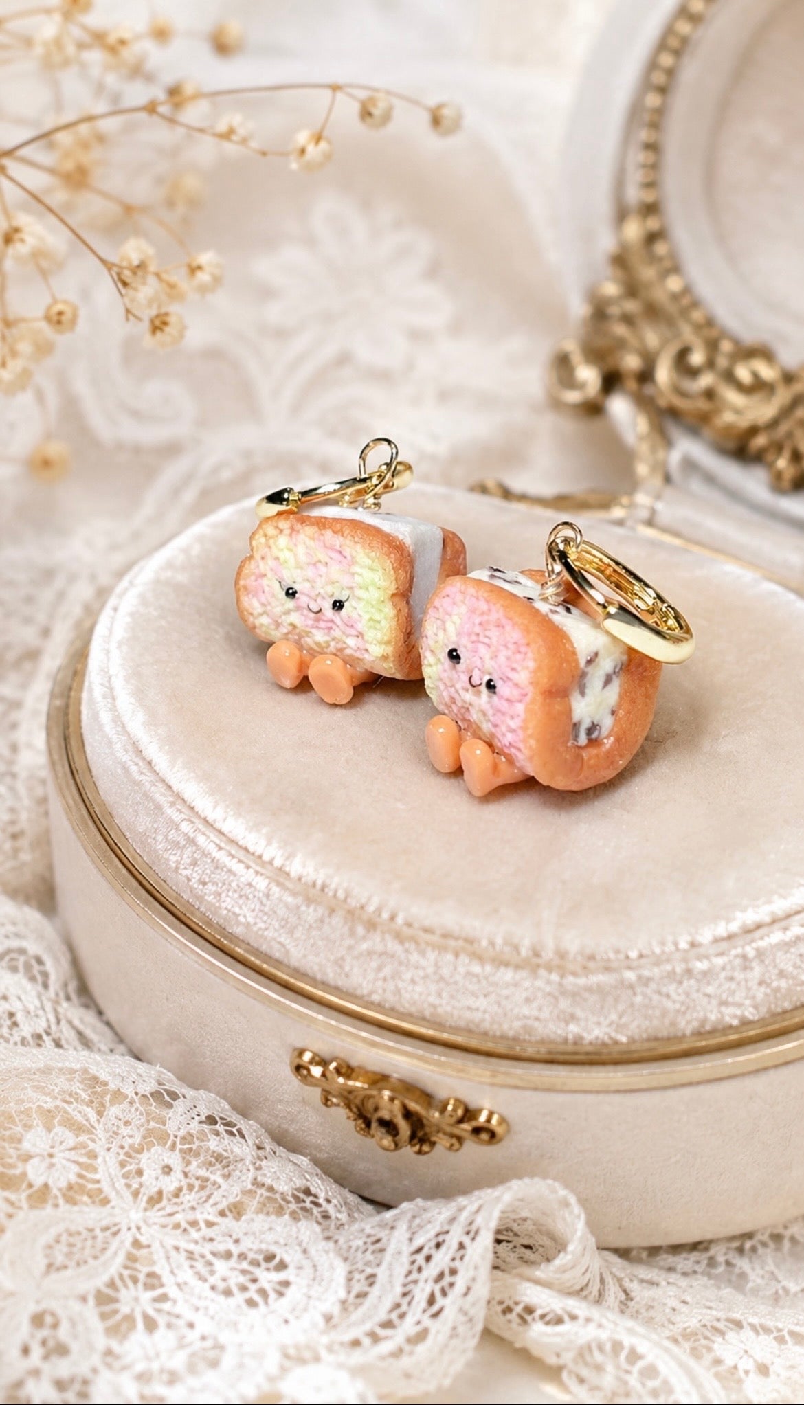 Rainbow Bread Ice Cream on Gold Earring Hoops (choc chip and yam)