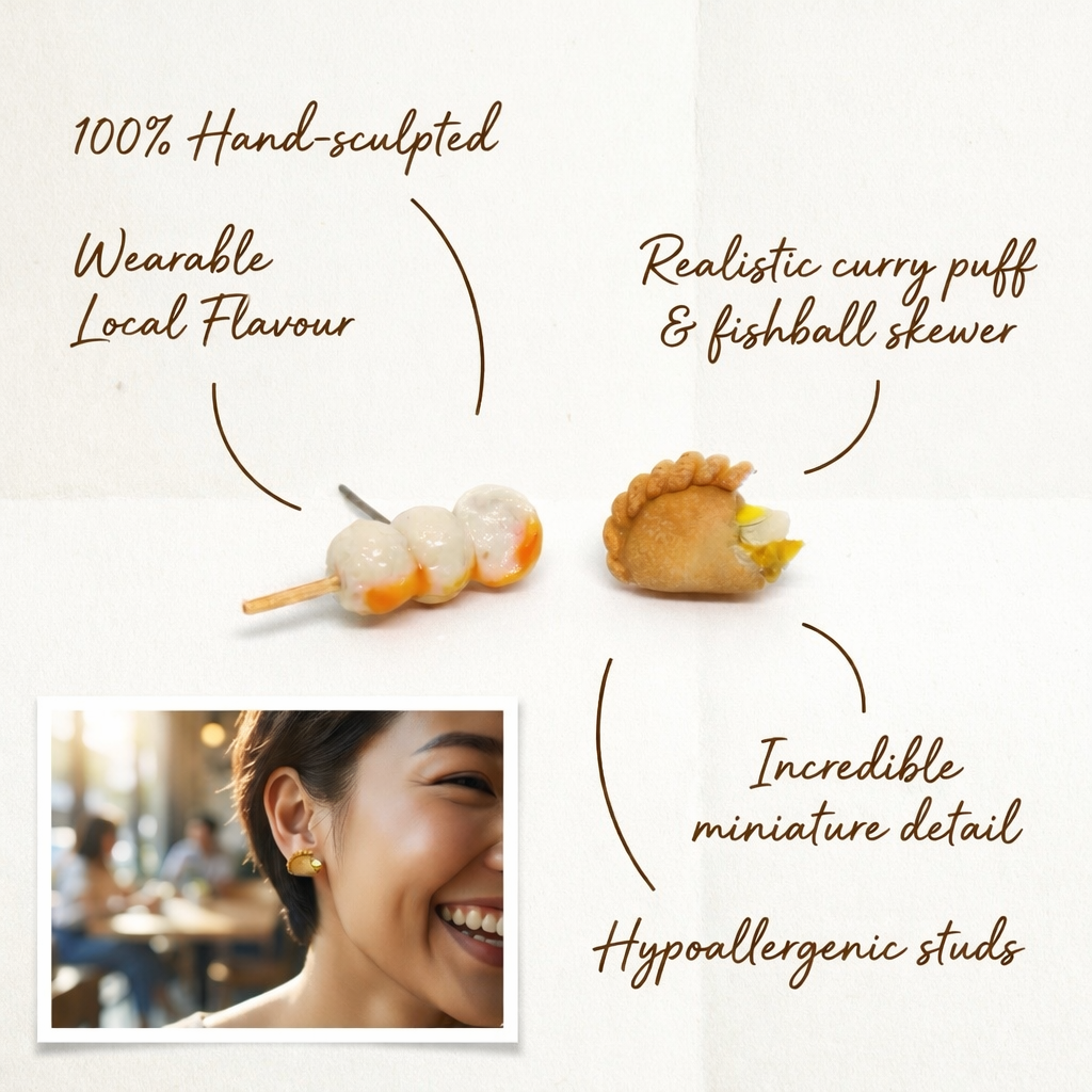 Curry Puff and Fishball Skewer Earring Studs