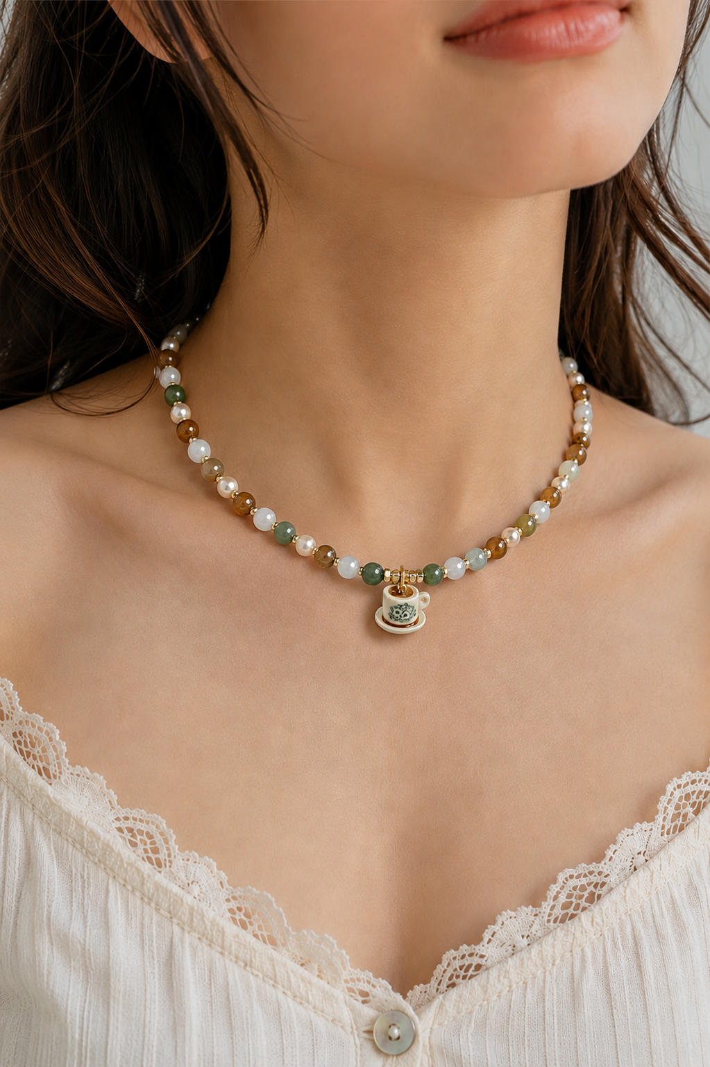 Hand-Beaded Jade and Swarovski Pearl Kopi Cup Necklace (customised for Carmen)