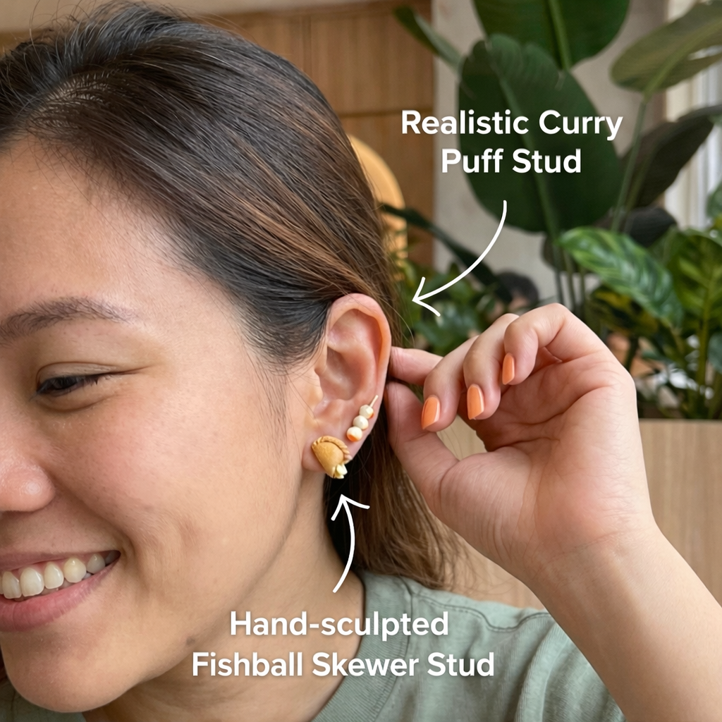Curry Puff and Fishball Skewer Earring Studs