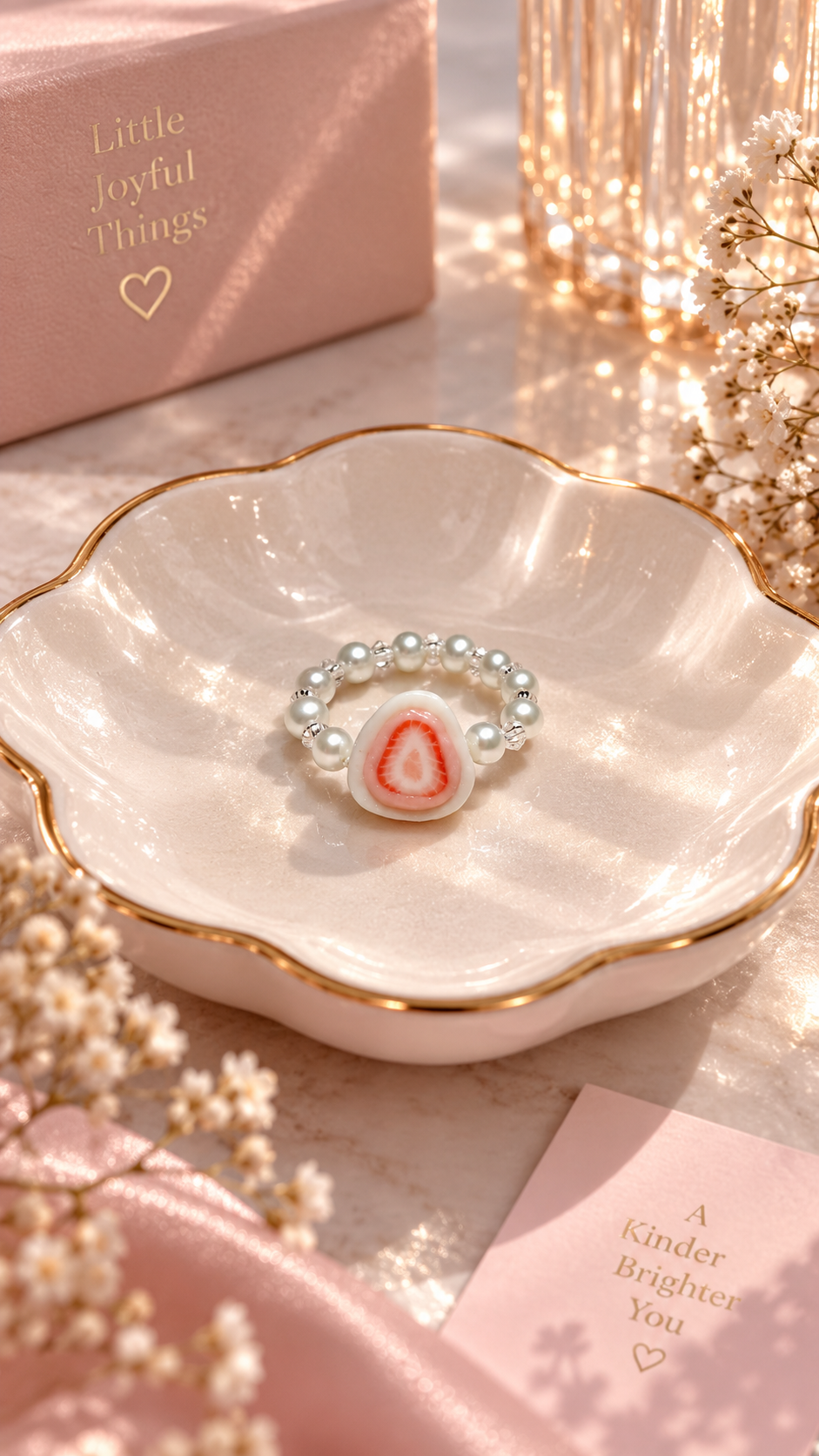 Strawberry Daifuku with Oozy Pink Cream Beaded Ring