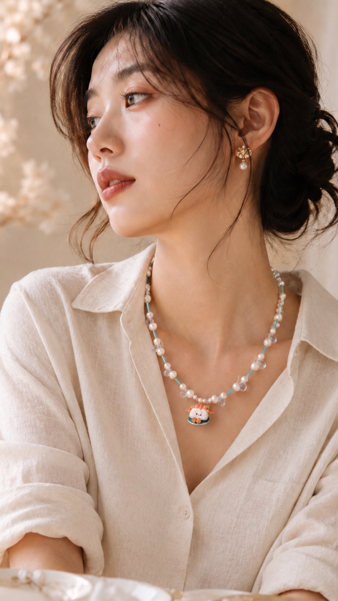 Salmon Sushi with Swaroski Pearls and Water Droplets Necklace