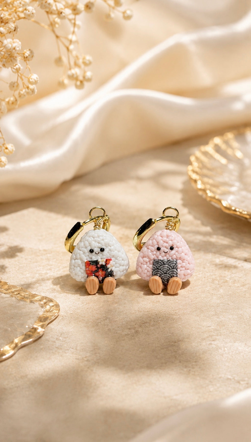 Autumn and Ocean Onigiri on Gold Hoops (lilac and pink)