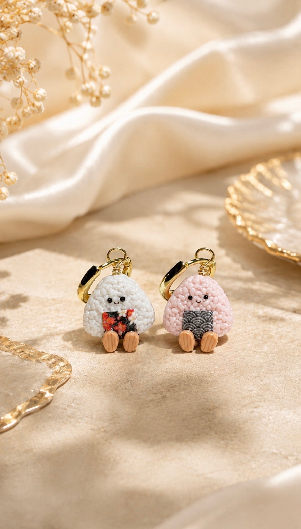 Autumn and Ocean Onigiri on Gold Hoops (lilac and pink)