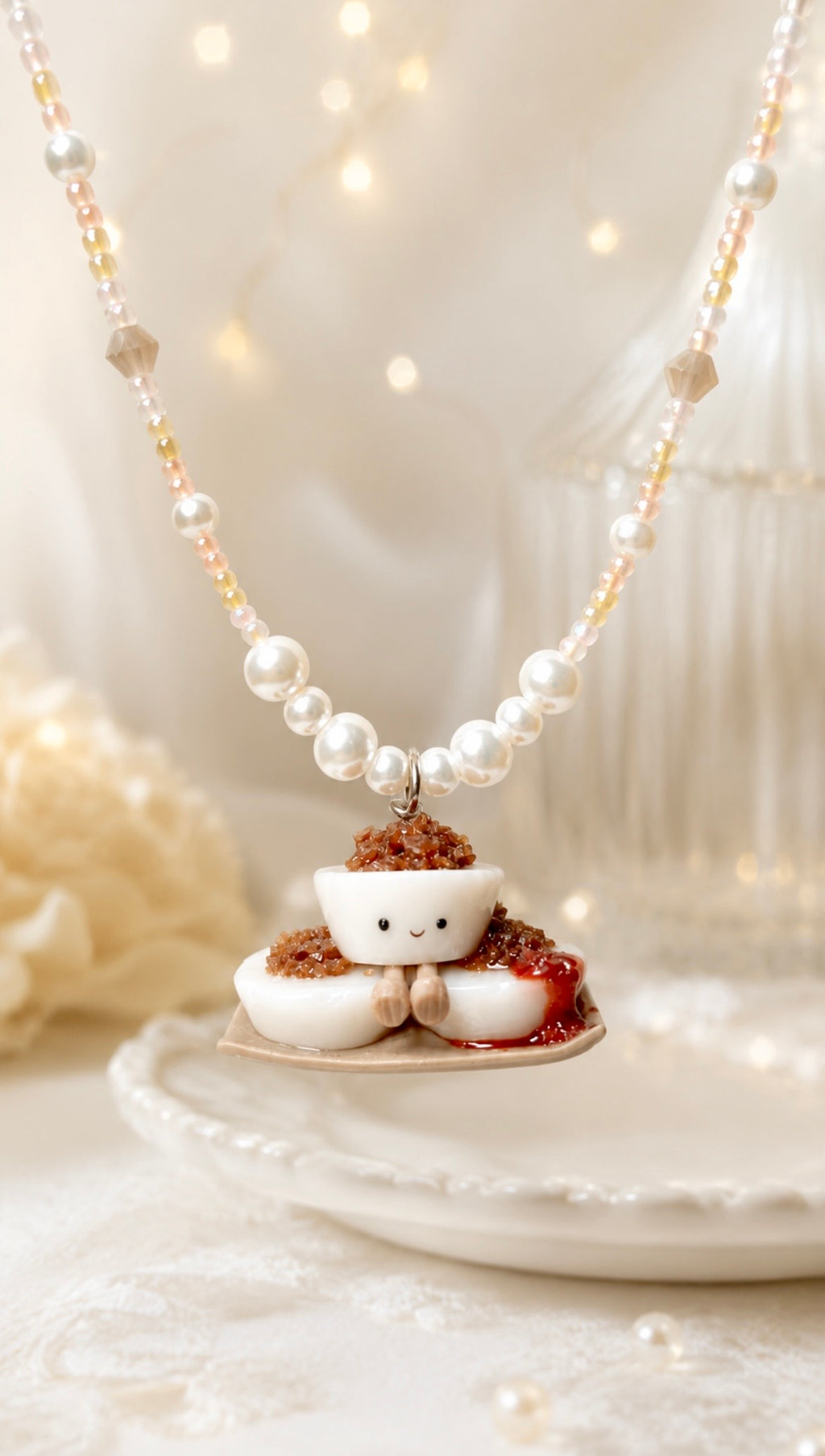 Chwee Kueh Hand-Beaded Necklace in Pastels and Pearls