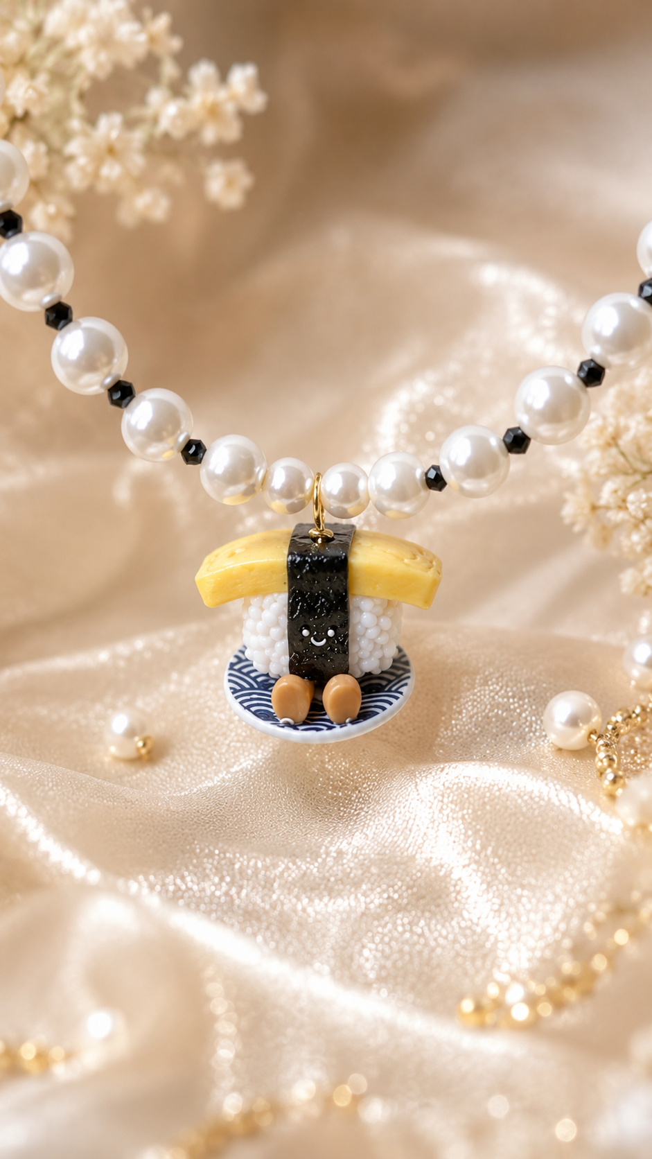 Tamago Swaroski Pearl and Black Spinels Necklace
