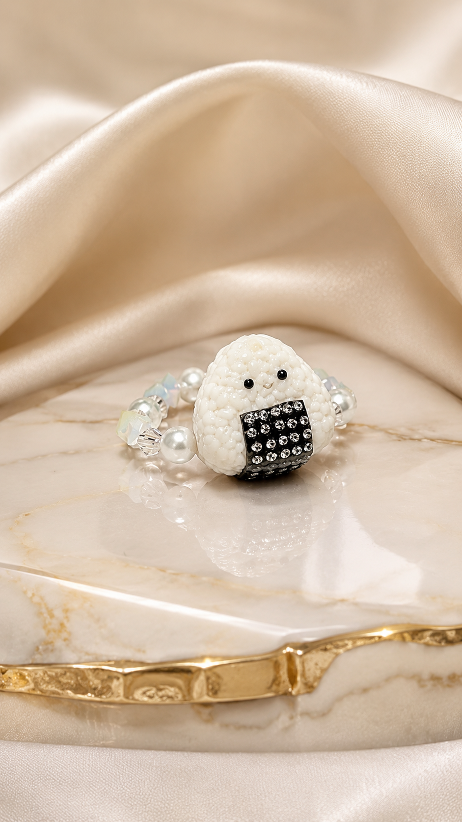 White Onigiri Beaded Ring with Moissanite Sparkles