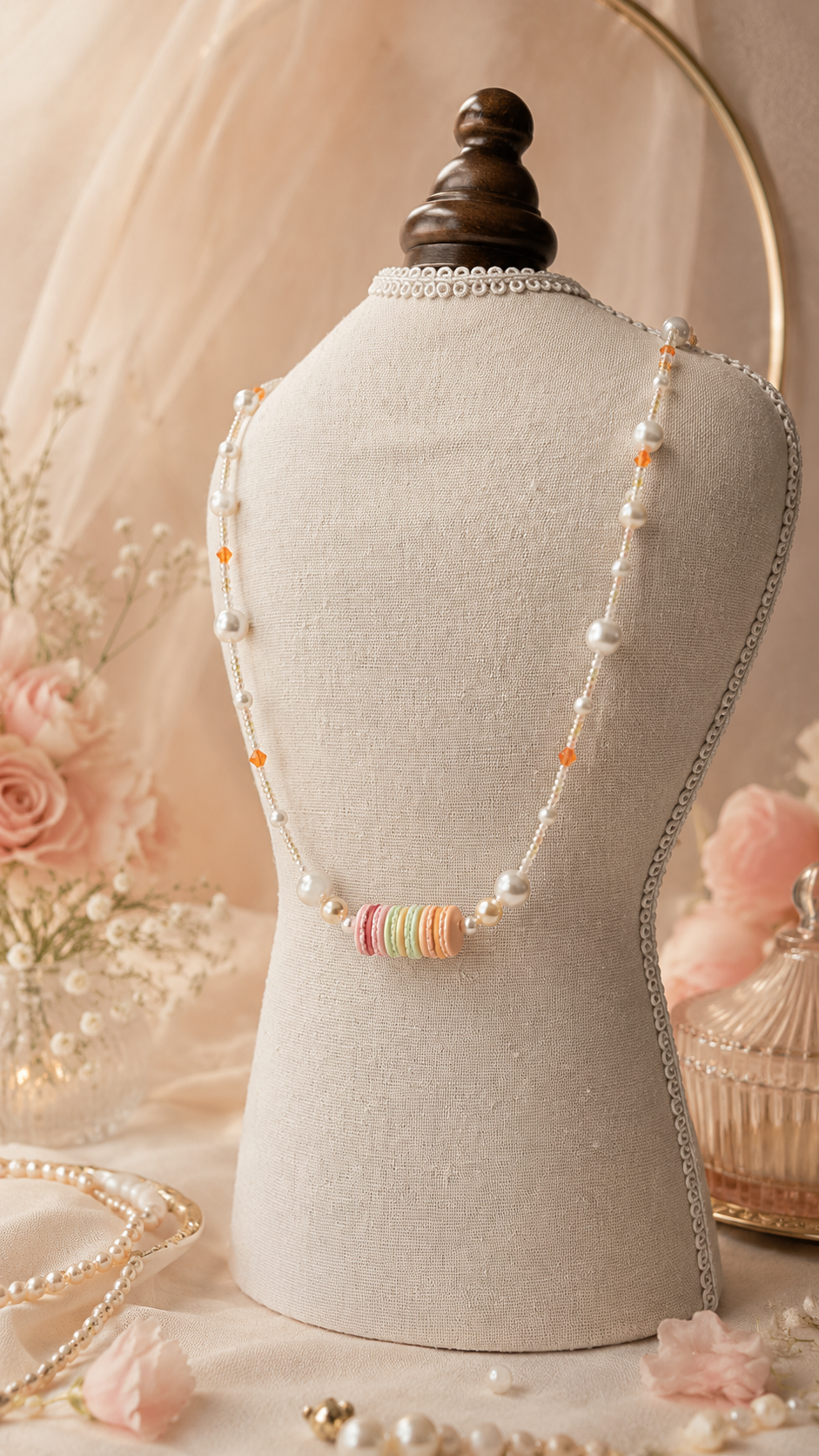 Pierre Hermes Macaron Stack with Pearls and Orange Czech Beads Necklace