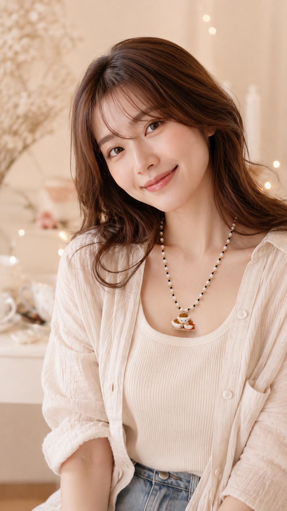 Chwee Kueh Jellycat hand-beaded necklace with black spinels and pearls