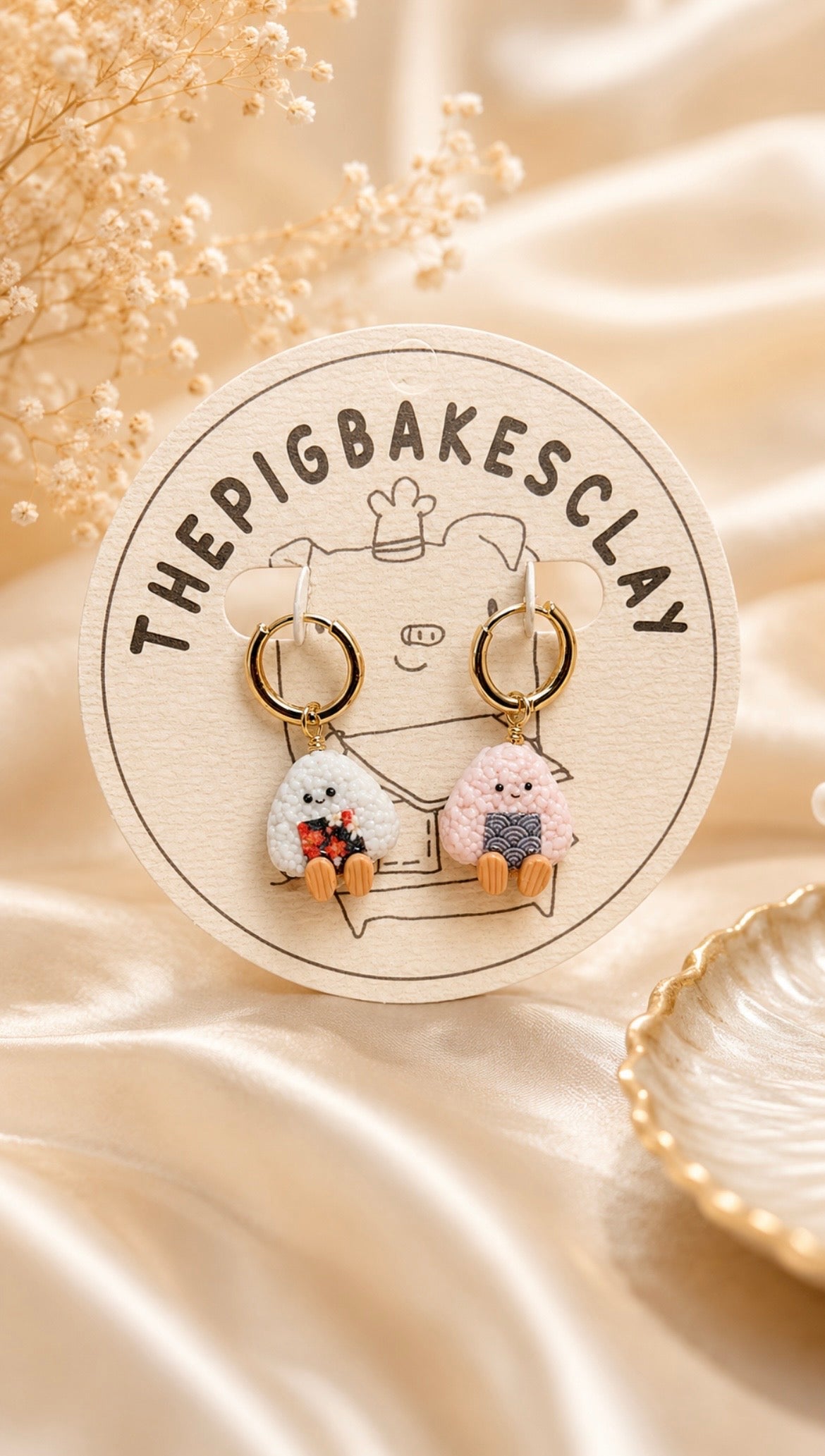Autumn and Ocean Onigiri on Gold Hoops (lilac and pink)