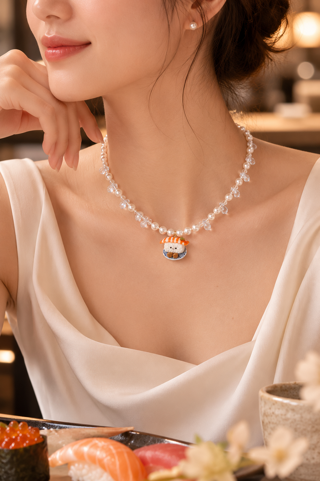 Mister Salmon Sushi Pearl and Water Droplets Necklace