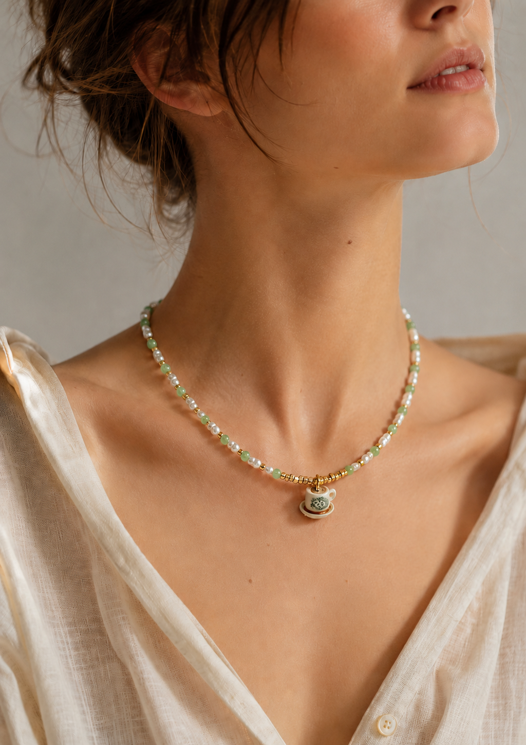 Hand-Beaded Pearl and Jade Kopi Cup Necklace