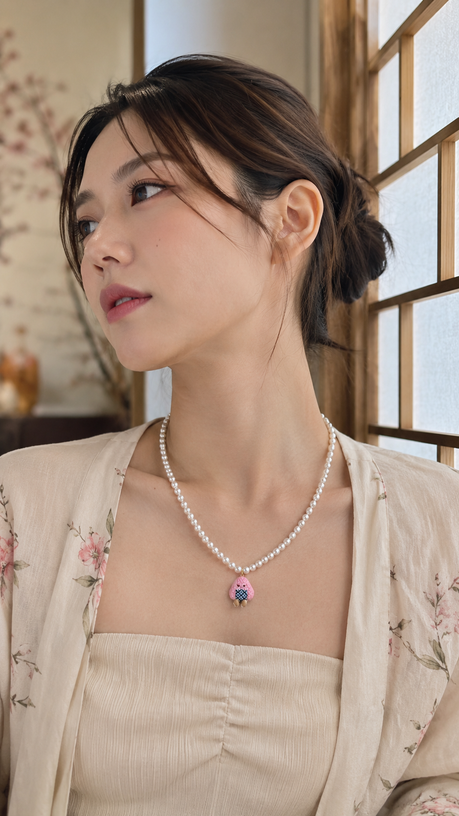 Pink Onigiri in Florals Pearl Necklace