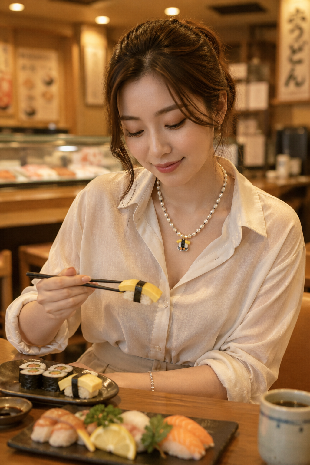 Tamago Swaroski Pearl and Black Spinels Necklace