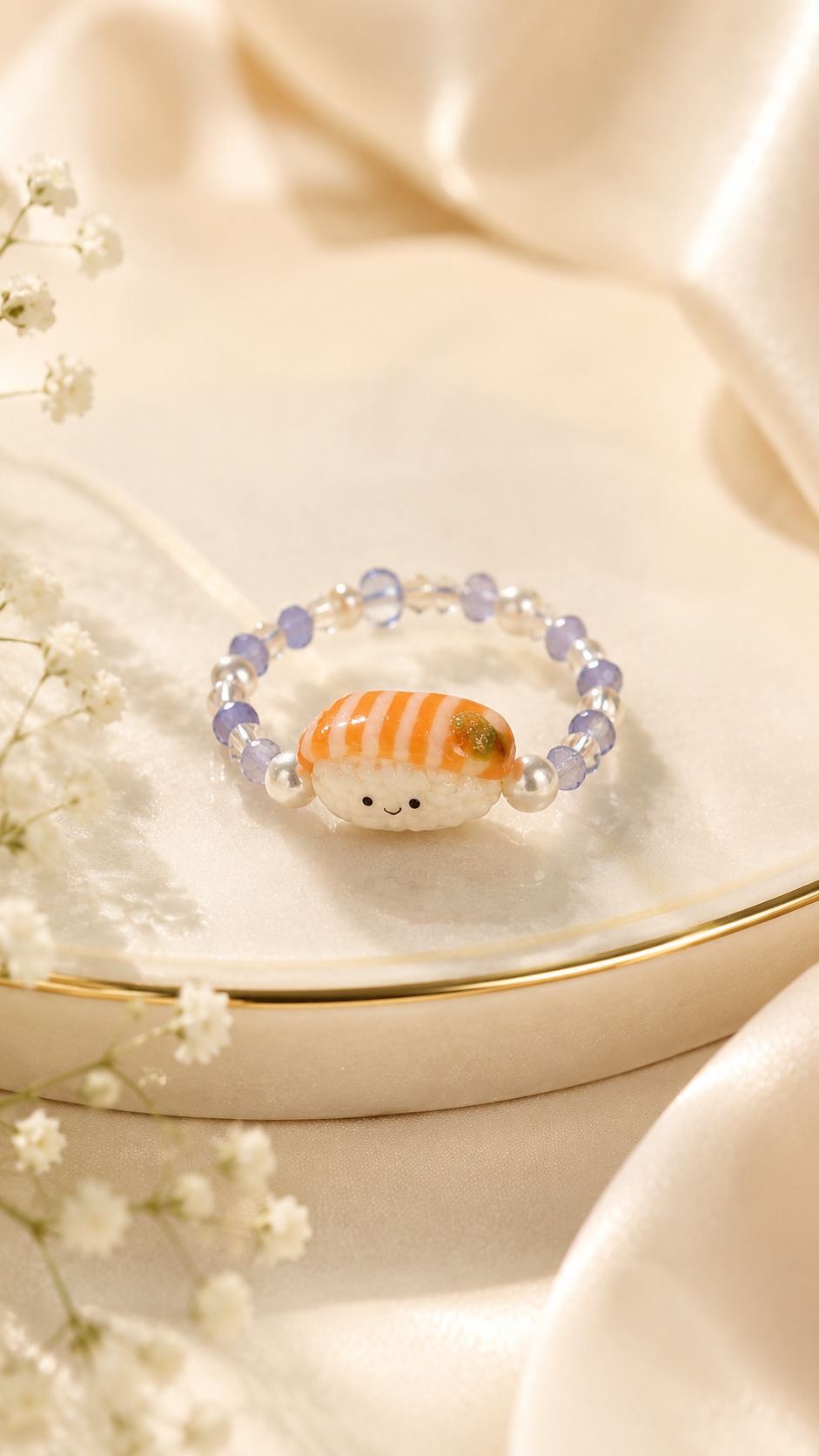 Salmon Jellycat Hand-Beaded Pearl and Tanzanite Ring