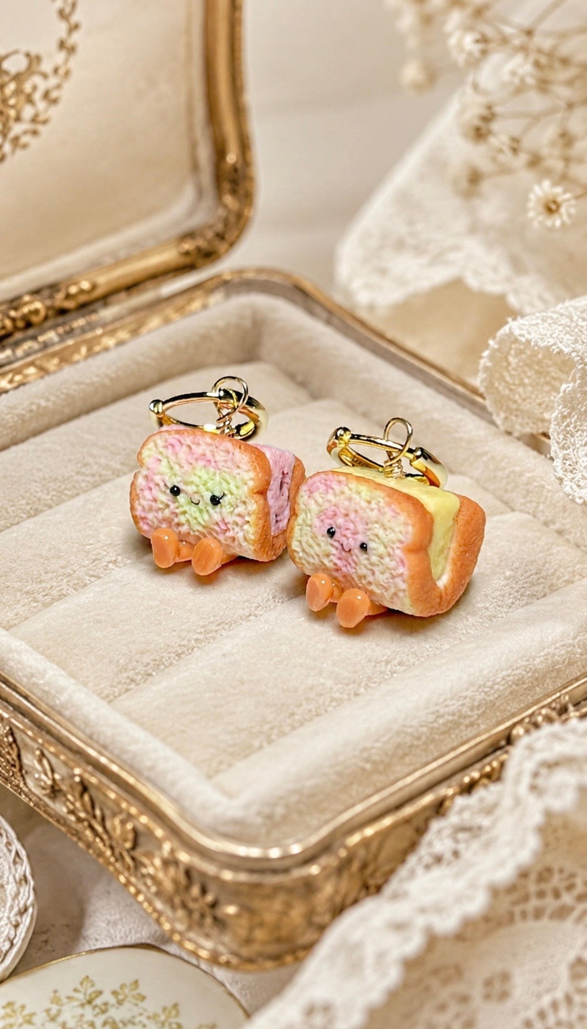 Rainbow Bread Ice Cream on Gold Earring Hoops (red bean and durian)