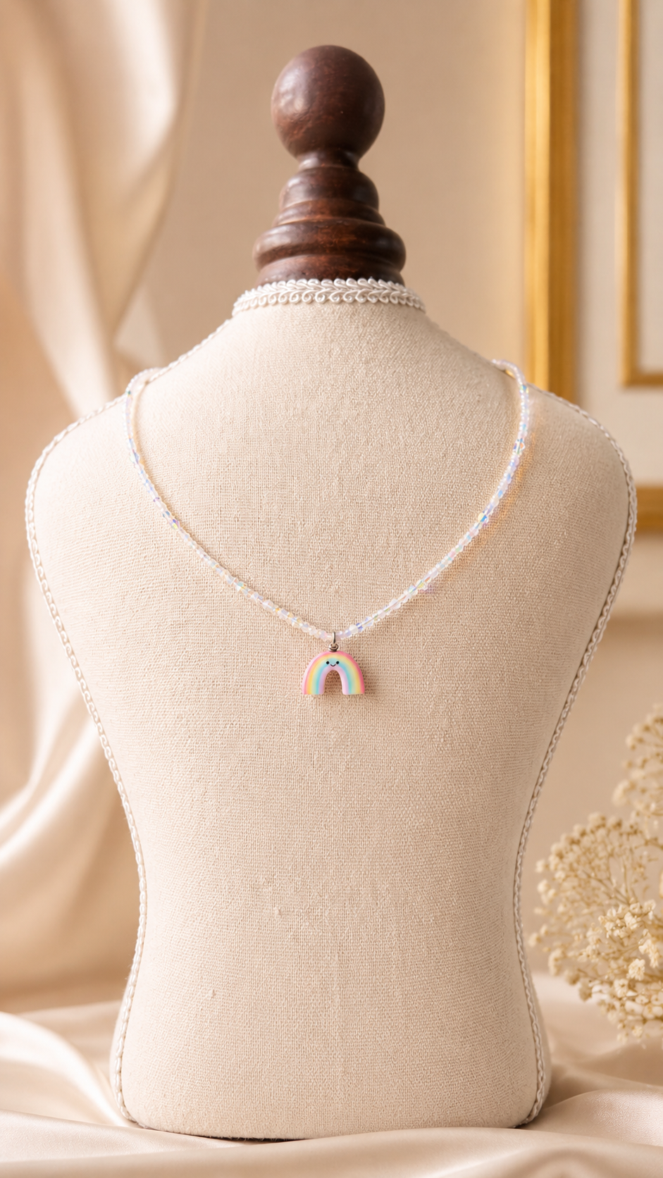 The Rainbow Jellycat Hand-Beaded Necklace with reflective white crystals