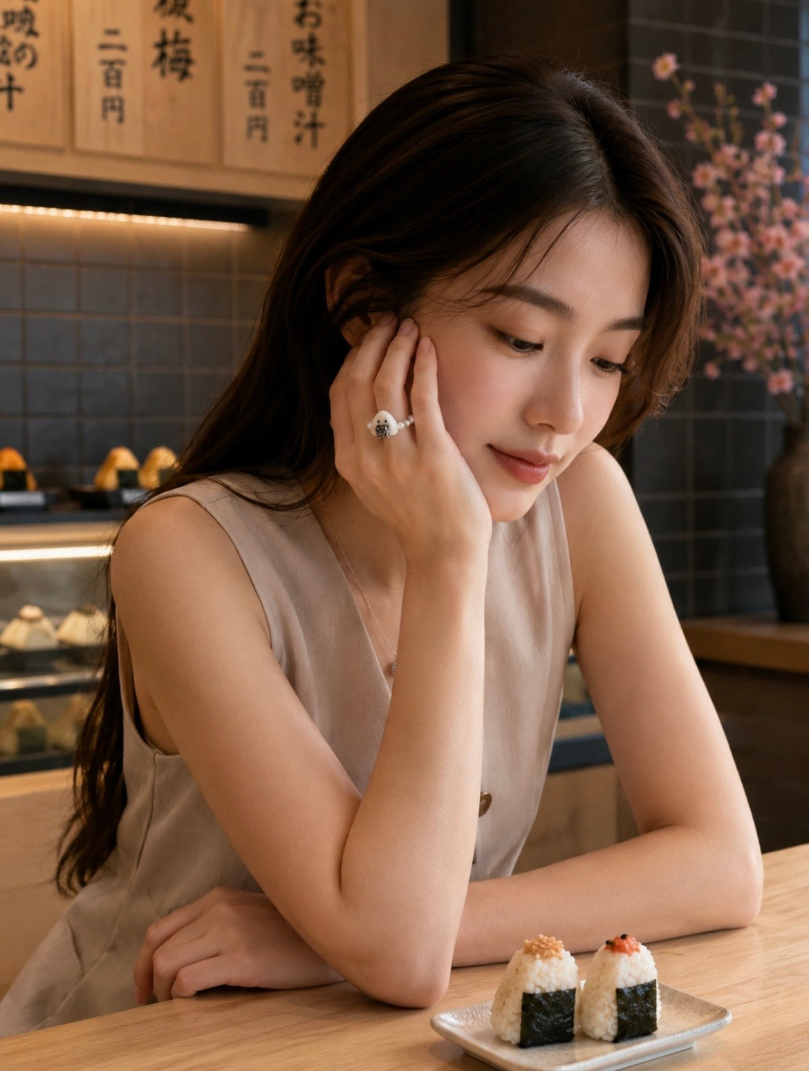 White Onigiri Beaded Ring with Moissanite Sparkles