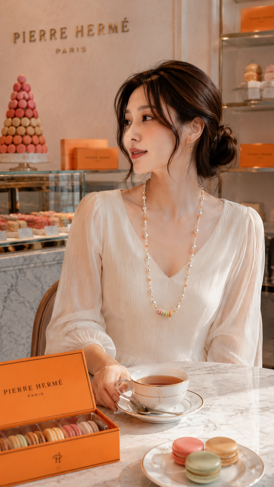 Pierre Hermes Macaron Stack with Pearls and Orange Czech Beads Necklace