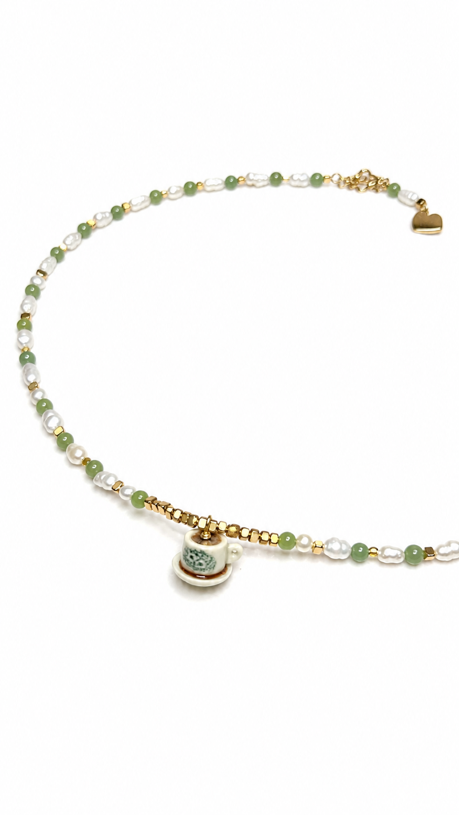 Hand-Beaded Pearl and Jade Kopi Cup Necklace