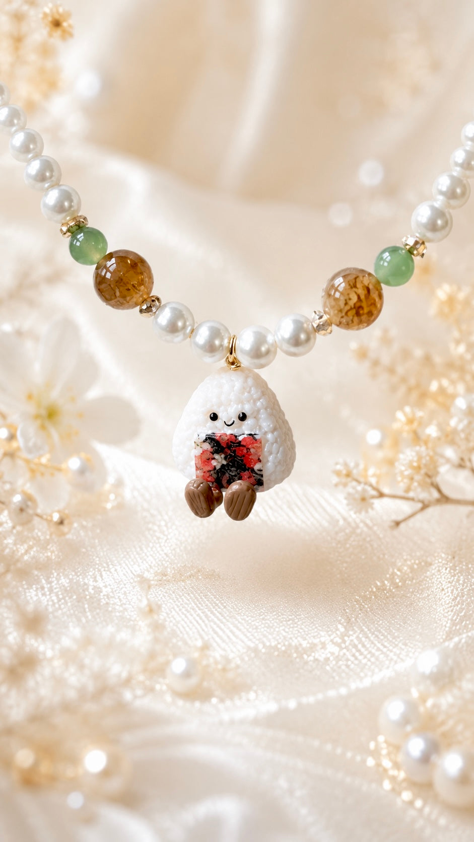 Autumn Onigiri Pearls and Jade Necklace