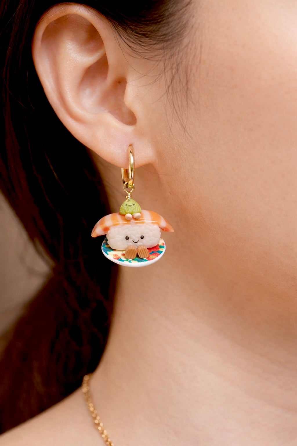 Salmon Nigiri Jellycats on Gold Hoop Dangles