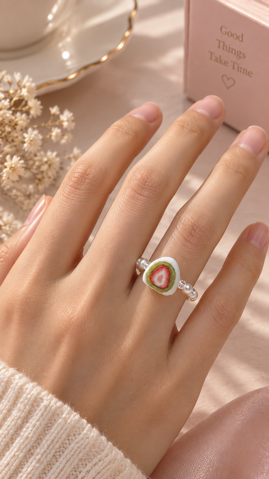 Strawberry Daifuku with Oozy Matcha Cream Beaded Ring