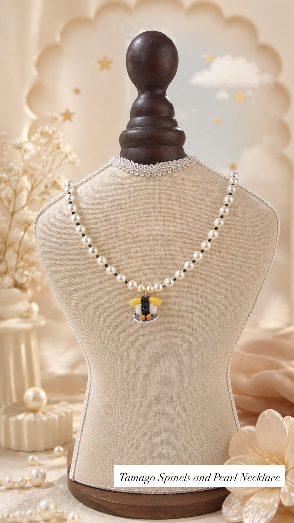 Tamago Swaroski Pearl and Black Spinels Necklace