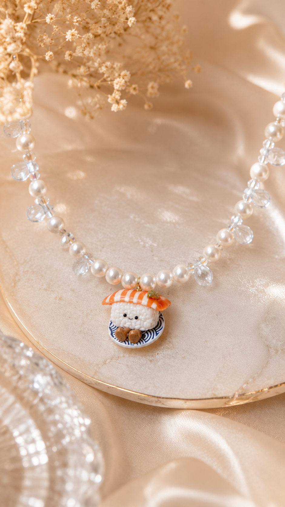 Mister Salmon Sushi Pearl and Water Droplets Necklace