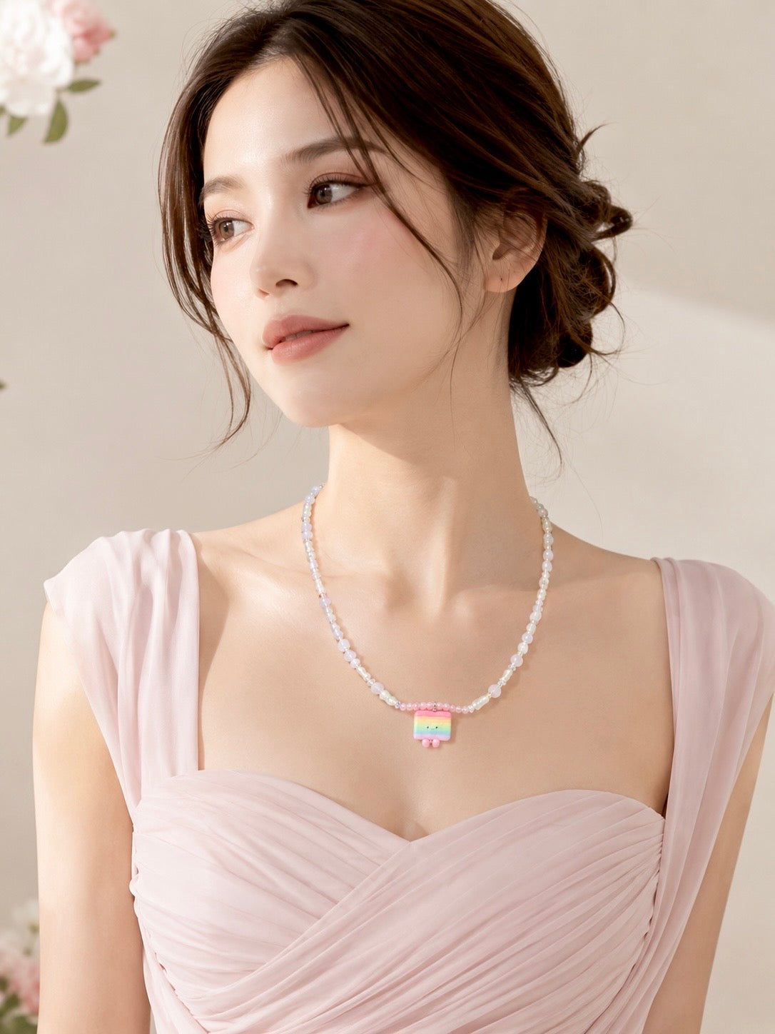 Hand-Beaded Kueh Lapis Jellycat Moonstone and Baroque Pearl Long Necklace