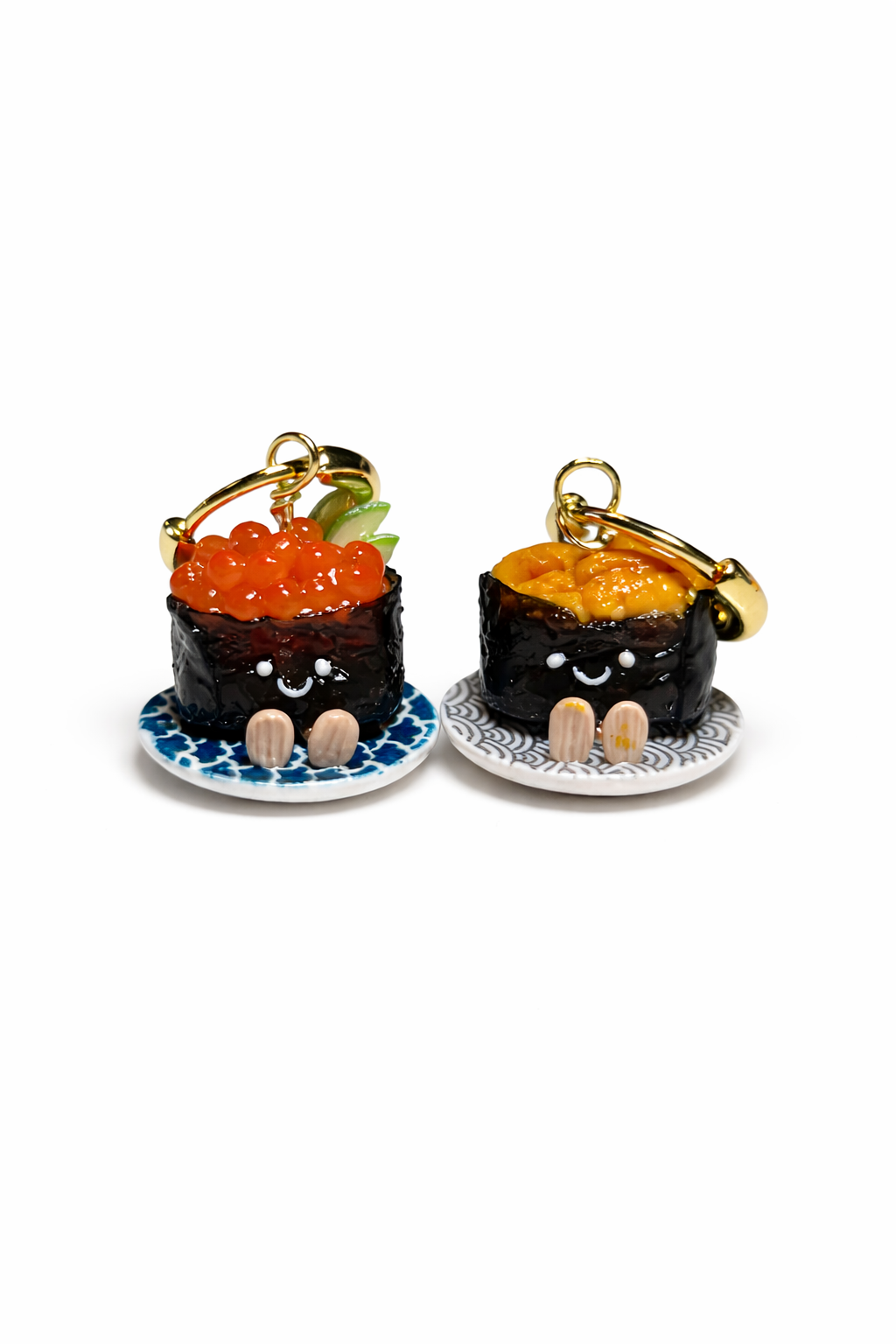 Ikura and Uni Gunkan Sushi Jellycats on Gold Hoop Dangles