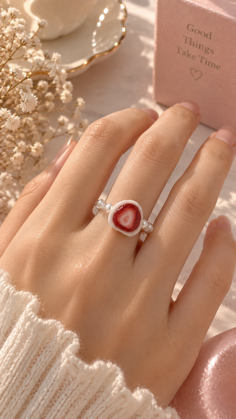Strawberry Daifuku with Oozy Azuki Paste Beaded Ring