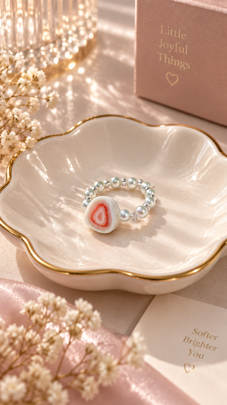 Strawberry Daifuku with Oozy Pink Cream Beaded Ring