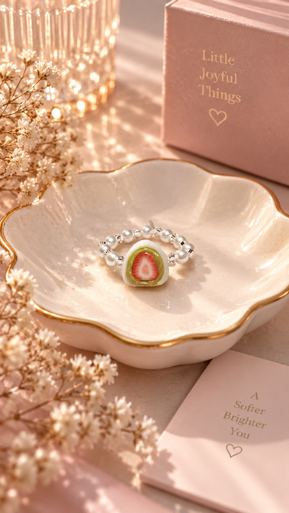 Strawberry Daifuku with Oozy Matcha Cream Beaded Ring
