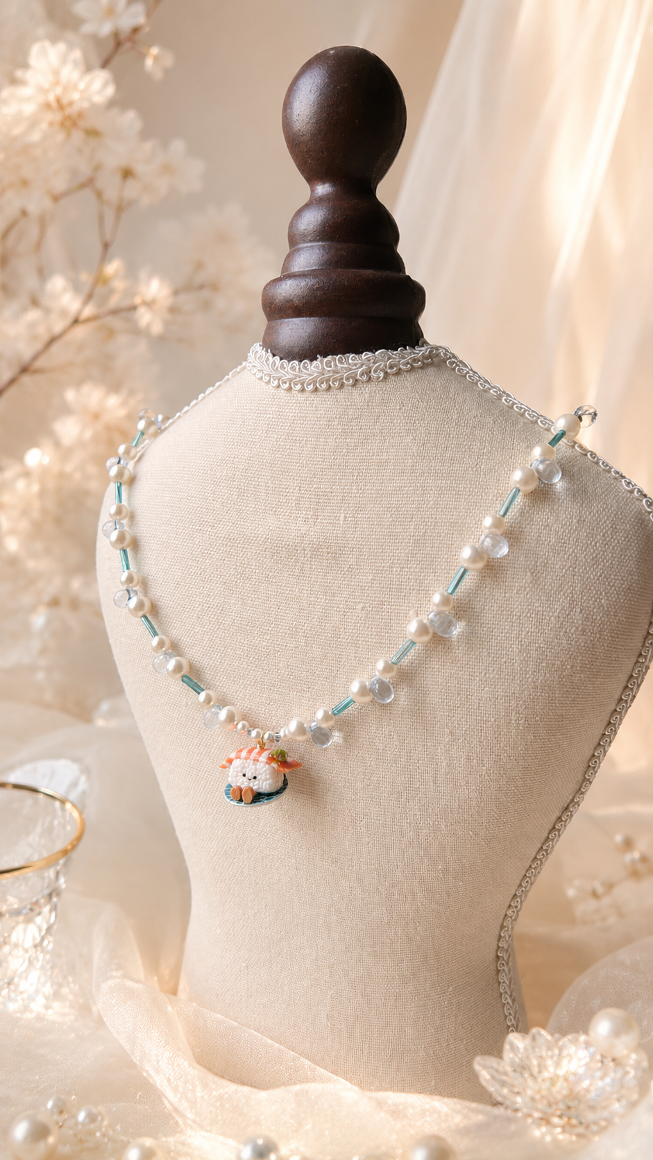 Salmon Sushi with Swaroski Pearls and Water Droplets Necklace