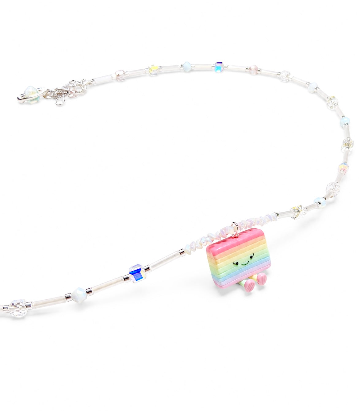 Hand-Beaded Kueh Lapis Jellycat with Tubes and Crystals Long Necklace