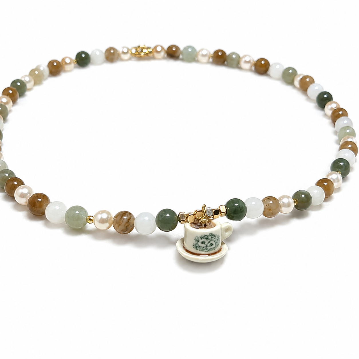 Hand-Beaded Jade and Swarovski Pearl Kopi Cup Necklace (customised for Carmen)