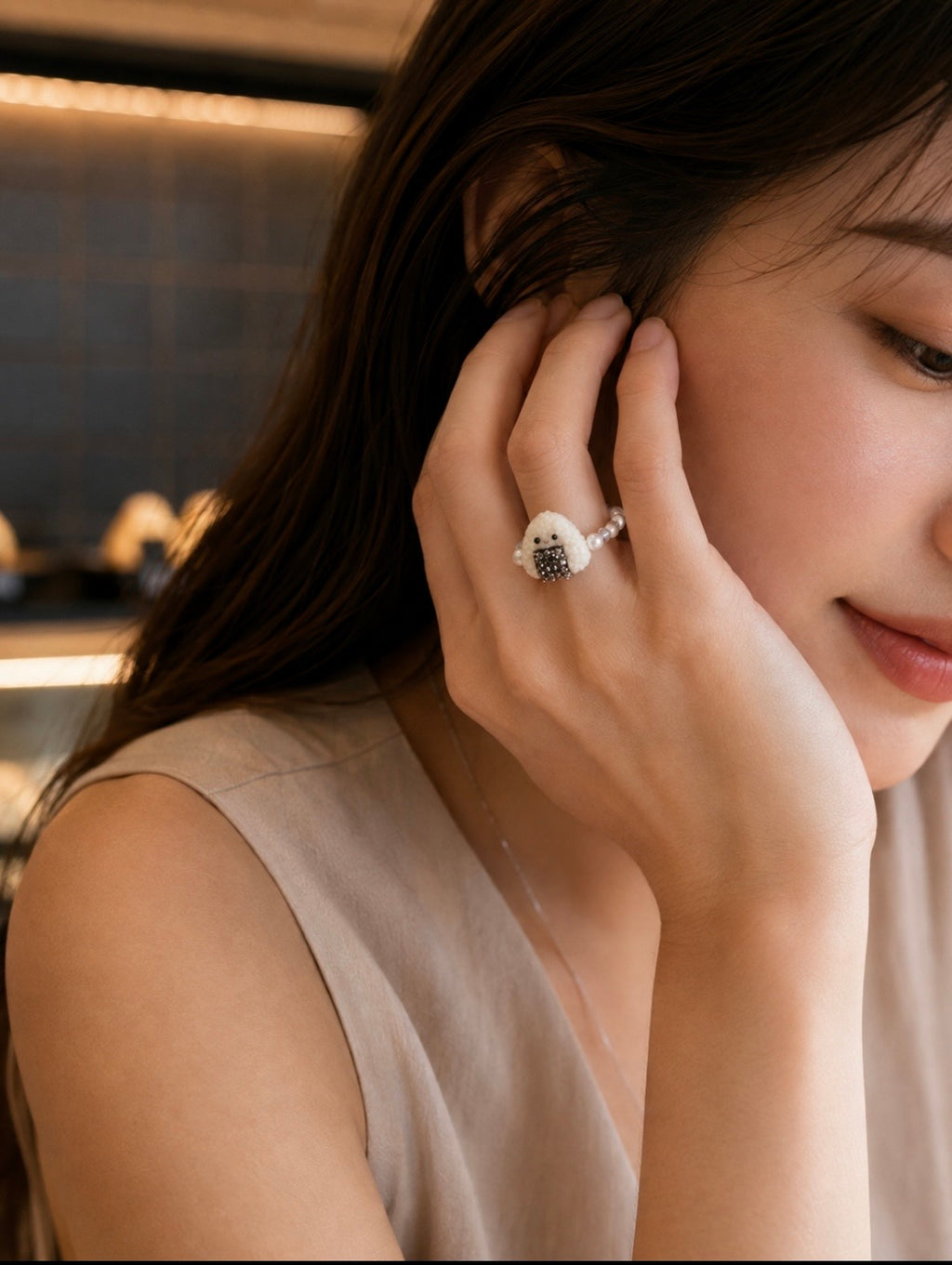 White Onigiri Beaded Ring with Moissanite Sparkles