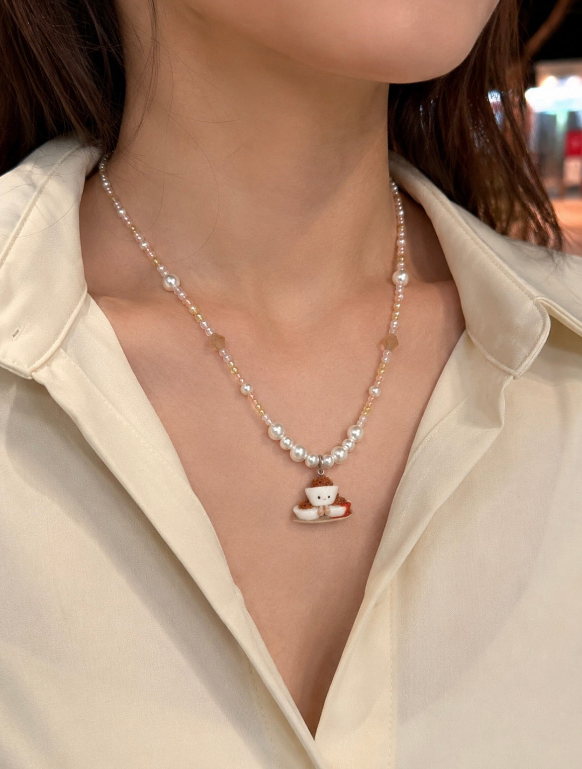 Chwee Kueh Hand-Beaded Necklace in Pastels and Pearls