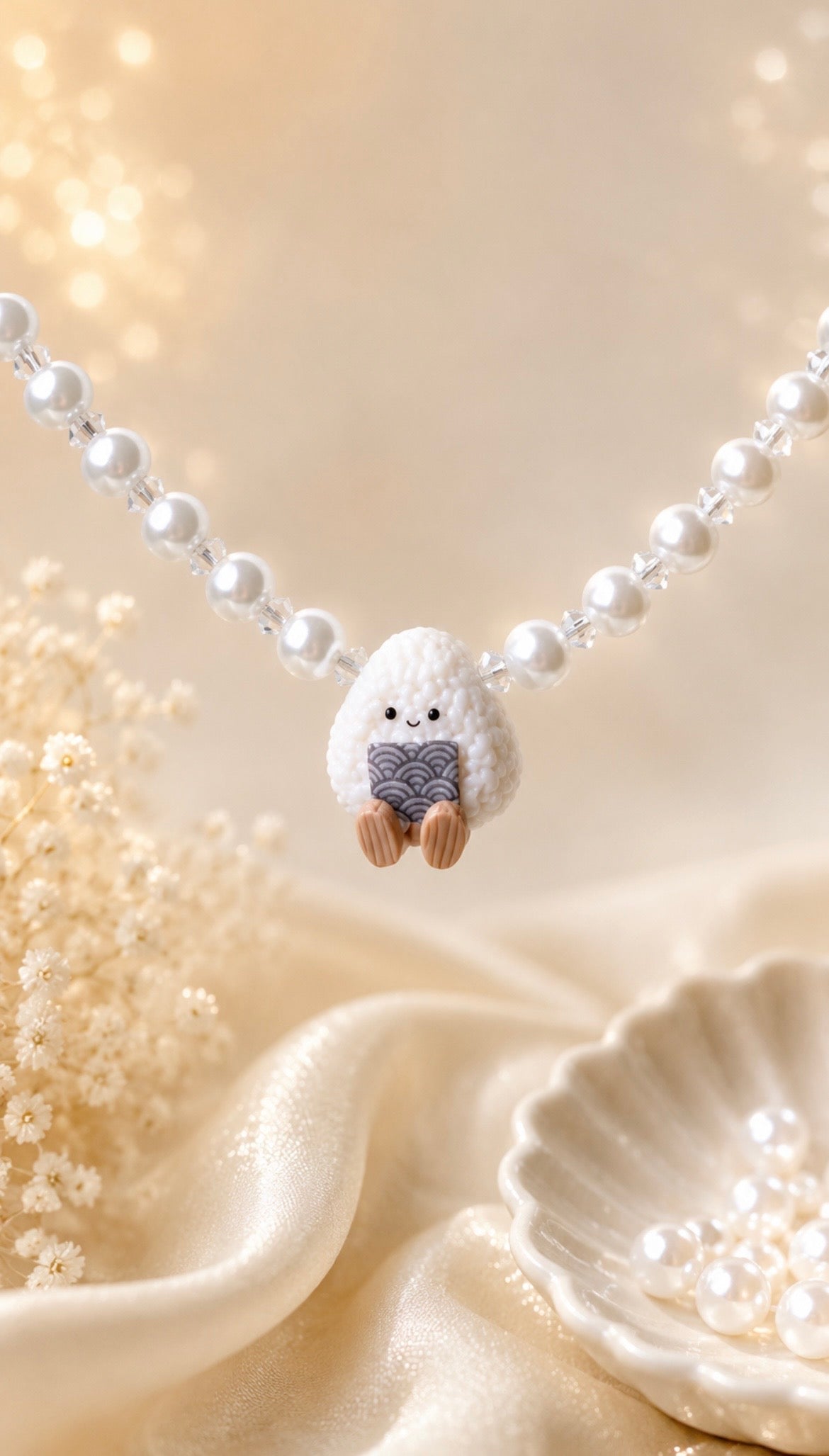 Mr Onigiri in Ocean Hand-beaded Pearl Necklace