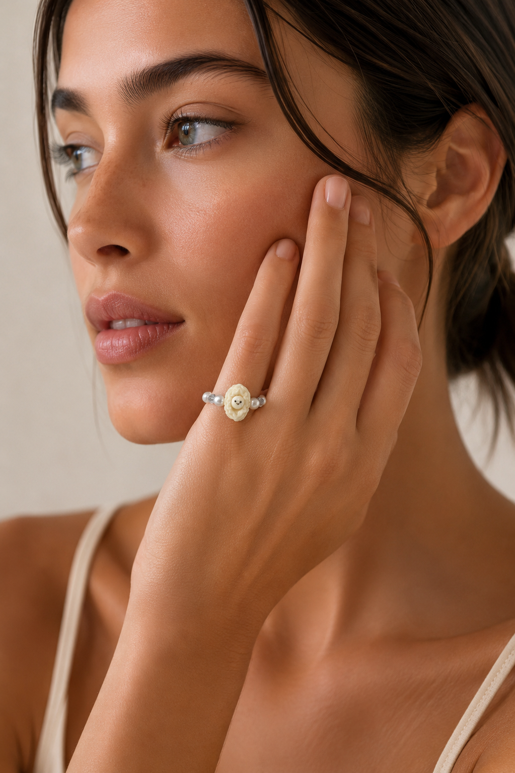 Smiley Abalone Hand-Beaded Ring (Design 1)
