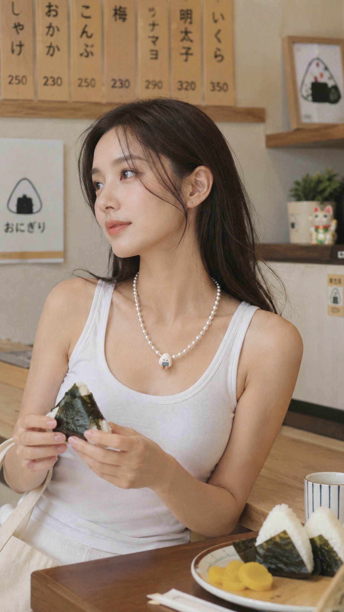 Mr Onigiri in Ocean Hand-beaded Pearl Necklace