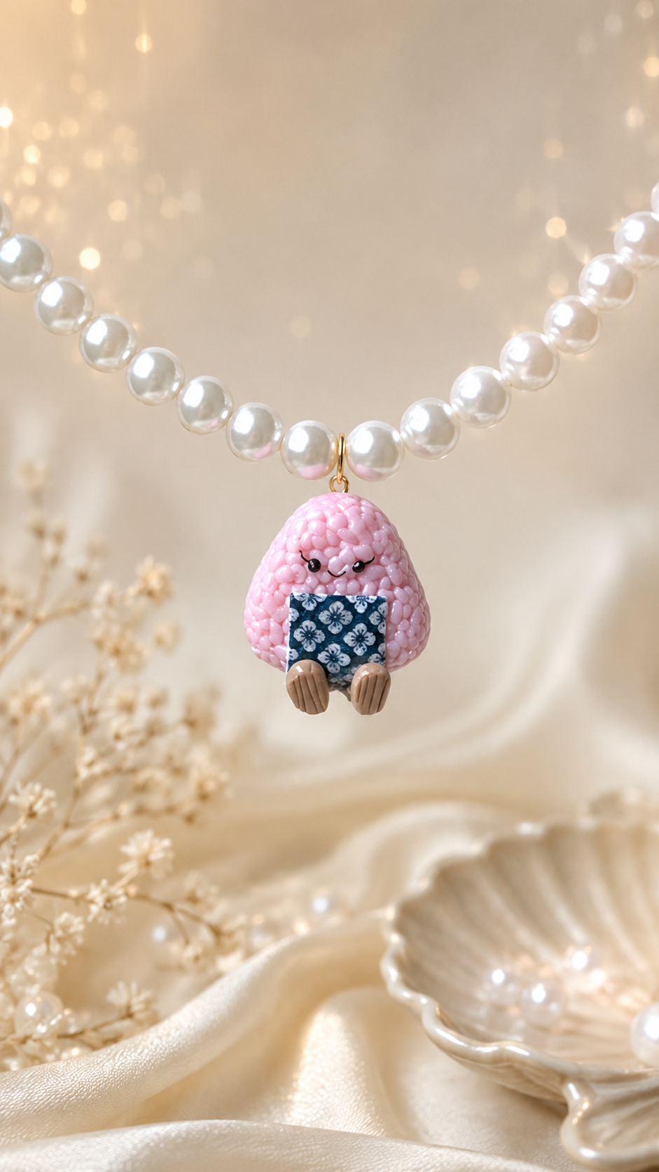 Pink Onigiri in Florals Pearl Necklace