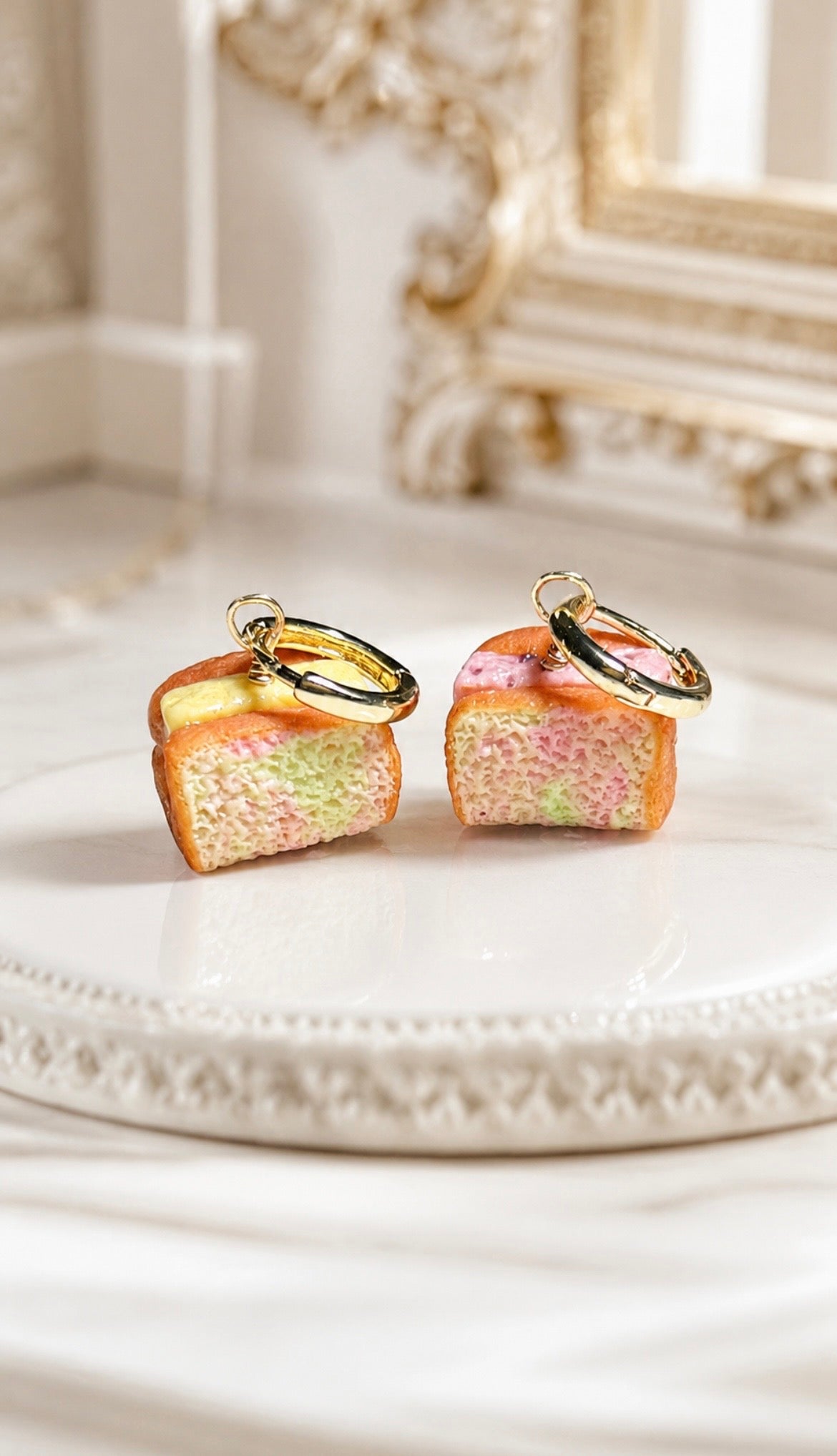 Rainbow Bread Ice Cream on Gold Earring Hoops (red bean and durian)