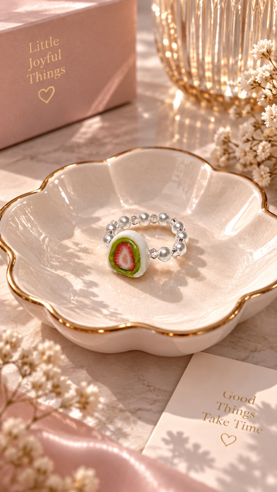 Strawberry Daifuku with Oozy Matcha Cream Beaded Ring